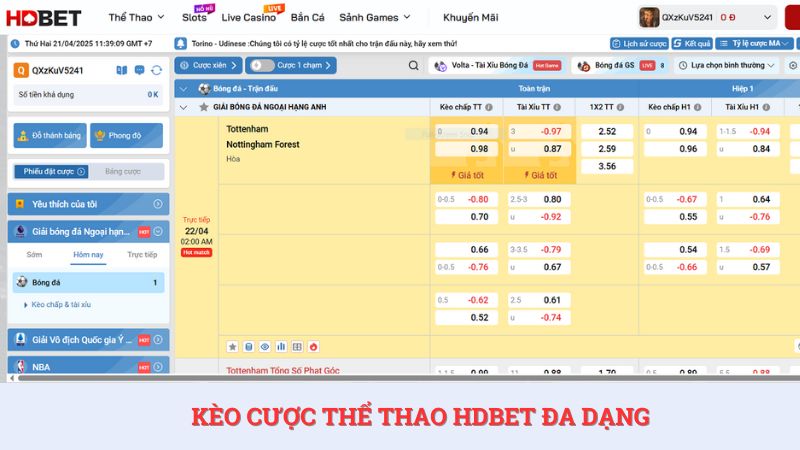 Sảnh thể thao có đa dạng các loại kèo cược để người chơi lựa chọn.