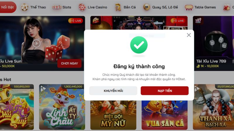 Hệ thống sẽ gửi thông báo đăng ký thành công tới người chơi.